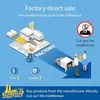 Illustration of factory direct sale with a factory, trucks, boxes, and people involved in delivery and purchase. Podgląd zdjęcia produktu
