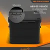 A black aluminum box with a close-up view of its hinge and text overlays describing its features and series. Produktbild-Vorschau