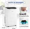 A portable air conditioner unit shown in a room setting with dimensions and feature callouts. Voir les images du produit
