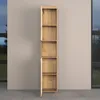 A tall, narrow wooden cabinet with several open shelves stands against a plain wall. The cabinet is made of light-colored wood with visible grain. One door is slightly ajar at the bottom. Produktbild-Vorschau