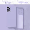 A split image showing two phone cases, one purple silicone and one clear TPU with a microfiber lining, against a textured background. Produktbild-Vorschau