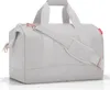 A light gray duffel bag with rose gold accents and a white shoulder strap is shown against a white background. Produktbild-Vorschau