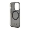 A transparent gray iPhone case with a black circular MagSafe ring and BMW logos is shown against a white background. Anteprima dell’immagine prodotto
