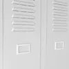 Close-up view of two adjacent gray metal lockers, showing the ventilation slats and label holders. Podgląd zdjęcia produktu