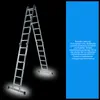 A silver multi-purpose ladder is shown against a black background, with a blue section on the right containing product information. Podgląd zdjęcia produktu