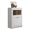A white highboard with glass doors on top and solid doors below, decorated with two art pieces and a bowl on top. Produktbild-Vorschau