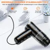 A black handheld vacuum cleaner is shown plugged into a white charger, with text overlays detailing its features. Produktbild-Vorschau