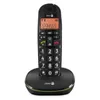 A black cordless phone with a green accent sits on its charging base against a white background. Produktbild-Vorschau
