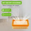 A filter for a vacuum cleaner with promotional text and icons overlayed on an image of a bedroom dresser. Produktbild-Vorschau