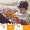 A young boy is holding an orange tablet with a bear-shaped case while sitting on a couch. Produktbild-Vorschau