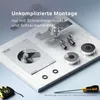 A collection of bathroom faucet parts and tools laid out on a marble surface, with text overlay. Produktbild-Vorschau