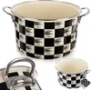 A collage of three images showing an enamel pot with a black and white checkered pattern. Náhled obrázku produktu