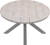 A round table with a light wood slatted top and a gray pedestal base. Produktbild-Vorschau