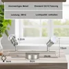 A product shot of a silver LED ceiling spotlight with dimensions indicated, placed on a wooden surface in front of a blurred window. Produktbild-Vorschau