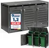 A set of three anthracite-colored trash can enclosures with green trash cans inside, shown from a slightly elevated front-diagonal angle. The enclosures have slatted doors and tops. One enclosure has a prominent test rating sticker. Produktbild-Vorschau