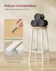 A bar stool with weights on top, surrounded by close-up images of its materials and text highlighting its durability. Produktbild-Vorschau