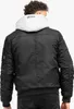 Rear view of a man wearing a black bomber jacket with a gray hood. Produktbild-Vorschau