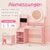 A pink children's vanity table with a mirror, stool, and shelves, featuring dimensions and specifications. Voir les images du produit