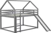 A gray wooden bunk bed with a house-shaped frame, a ladder, and a slide, shown against a white background. Podgląd zdjęcia produktu