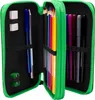 An open green pencil case filled with colored pencils, pens, an eraser, and a sharpener. Náhled obrázku produktu