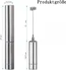 Two stainless steel milk frothers are shown with measurement indicators. The one on the left is a full frother, while the one on the right is extended to show its whisk attachment. Produktbild-Vorschau