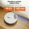 A white robot vacuum cleaner is shown on a wooden floor near a wall, with overlaid text and statistics about its cleaning capabilities. Produktbild-Vorschau