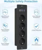 A black power strip with multiple outlets and USB ports, surrounded by icons and text describing its safety features. Anteprima dell’immagine prodotto