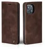 A brown flip-style phone case for an iPhone 13 is shown from two angles against a white background. Produktbild-Vorschau