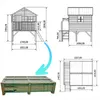 Technical drawings and a photograph of a packaged wooden playhouse. Produktbild-Vorschau