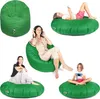 A collage of five images showing green beanbag chairs and people using them in various ways.