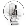 A chrome floor fan is shown from the side, with a curved arrow indicating its adjustable angle. Produktbild-Vorschau