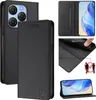 A collage of images showcasing a black leather flip wallet case for a smartphone, with close-ups of its features and a phone inside. Náhled obrázku produktu