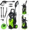 A collage of images showing a green and black electric pressure washer and its accessories. Produktbild-Vorschau