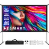 A projection screen with a colorful abstract image displayed on it, along with its accessories, set against a white background. Produktbild-Vorschau