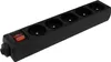 A black power strip with five sockets and a red on/off switch is shown against a white background. Náhled obrázku produktu