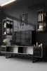 A modern living room with a black slatted wall, featuring a TV stand, television, and decorative items. Anteprima dell’immagine prodotto