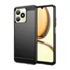 A black carbon fiber phone case is shown on a white background, with a portion of a smartphone screen visible. Produktbild-Vorschau