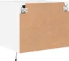 Back view of a white cabinet with a particle board back panel and mounting brackets. Produktbild-Vorschau