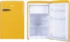 A yellow retro-style refrigerator with its door open, showing the interior shelves and door compartments. Produktbild-Vorschau