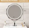 A mirror with dimensions indicated, placed above a sink with bathroom accessories. Podgląd zdjęcia produktu
