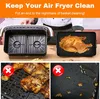 A collage showing an air fryer basket, a roasted chicken on a grill pan, and two images of greasy air fryer baskets with red crosses. Produktbild-Vorschau
