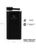 A black Stanley flask with dimensions and feature callouts. Podgląd zdjęcia produktu