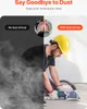 A split image showing a construction worker using a grinder with and without a dust shroud. The left side shows a lot of dust, while the right side shows a clean environment. Podgląd zdjęcia produktu