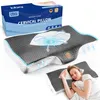 A pillow and its packaging are shown, with a person sleeping on the pillow. Produktbild-Vorschau