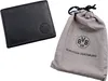 A black leather wallet and a drawstring bag with the Borussia Dortmund logo are displayed on a white background. Produktbild-Vorschau