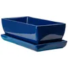 A dark blue rectangular ceramic planter with a matching saucer, shown against a white background. Náhled obrázku produktu
