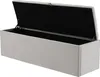 A light gray upholstered storage bench with its lid open, revealing a black interior. Voir les images du produit