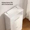 A white bathroom cabinet with an anti-tip safety strap attached to the wall. Náhled obrázku produktu