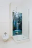 A modern bathroom with a glass shower enclosure featuring a waterfall mural. Produktbild-Vorschau