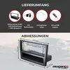 A diagram showing the dimensions of a car radio installation kit and a list of included accessories. Produktbild-Vorschau